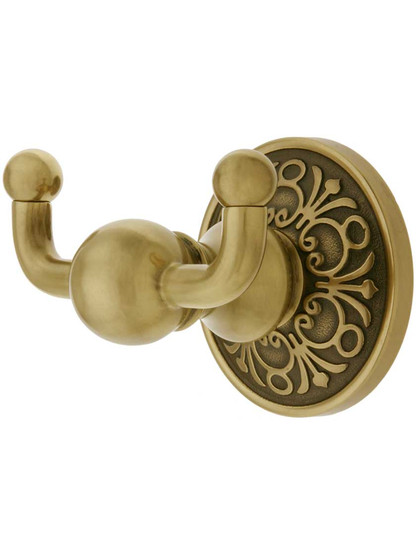 Solid Brass Double Hook with Lancaster Rosette in Antique Brass.